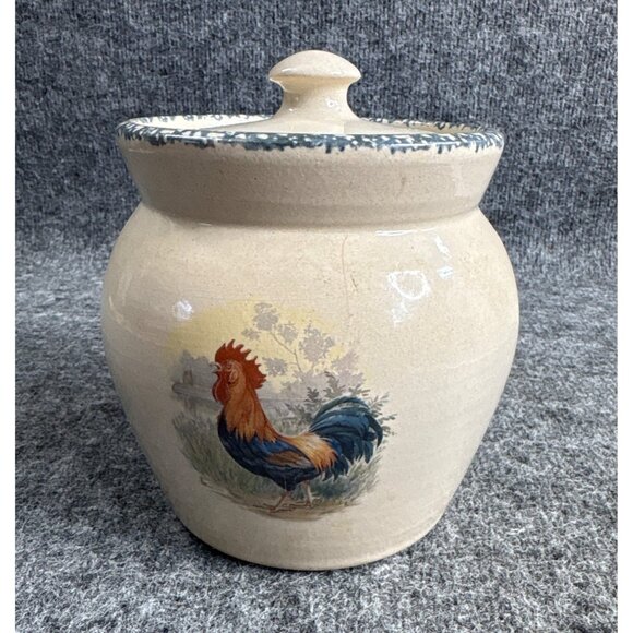 Vintage Handcrafted Rooster Design Stoneware Cookie Jar With Lid - Picture 1 of 7